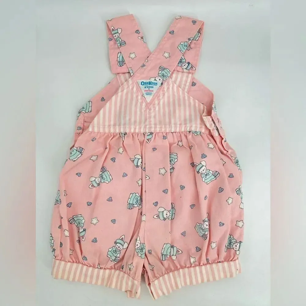 VINTAGE Osh Kosh Overalls Girls 3T Pink Bunny Rabbit Easter Print USA